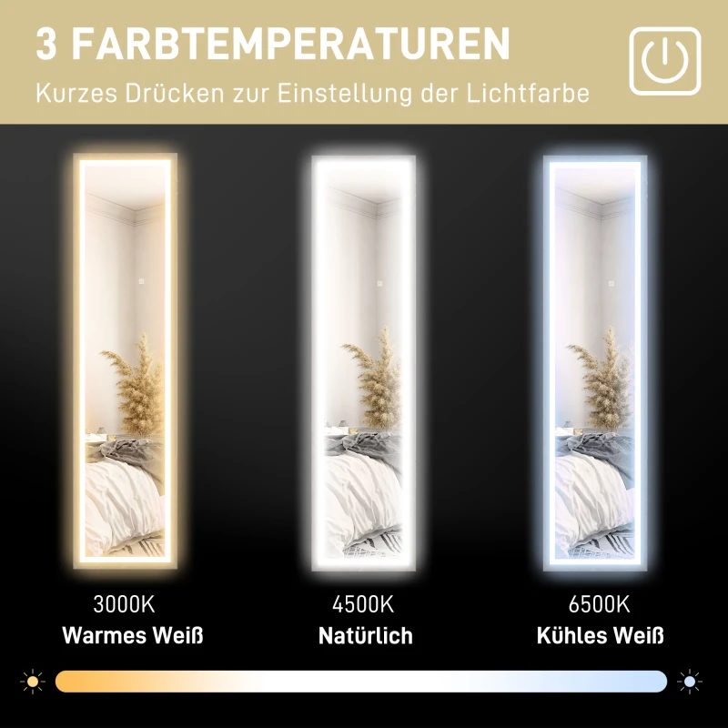 HOMCOM LED full-length spiegel, 40 x 160 cm, touch-bediening, dimbaar, 3 kleuren, Grijs