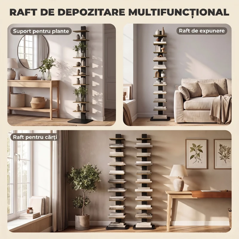 HOMCOM Bibliotecă Tip Turn Multifuncțională cu 11 Rafturi, Maro Rustic