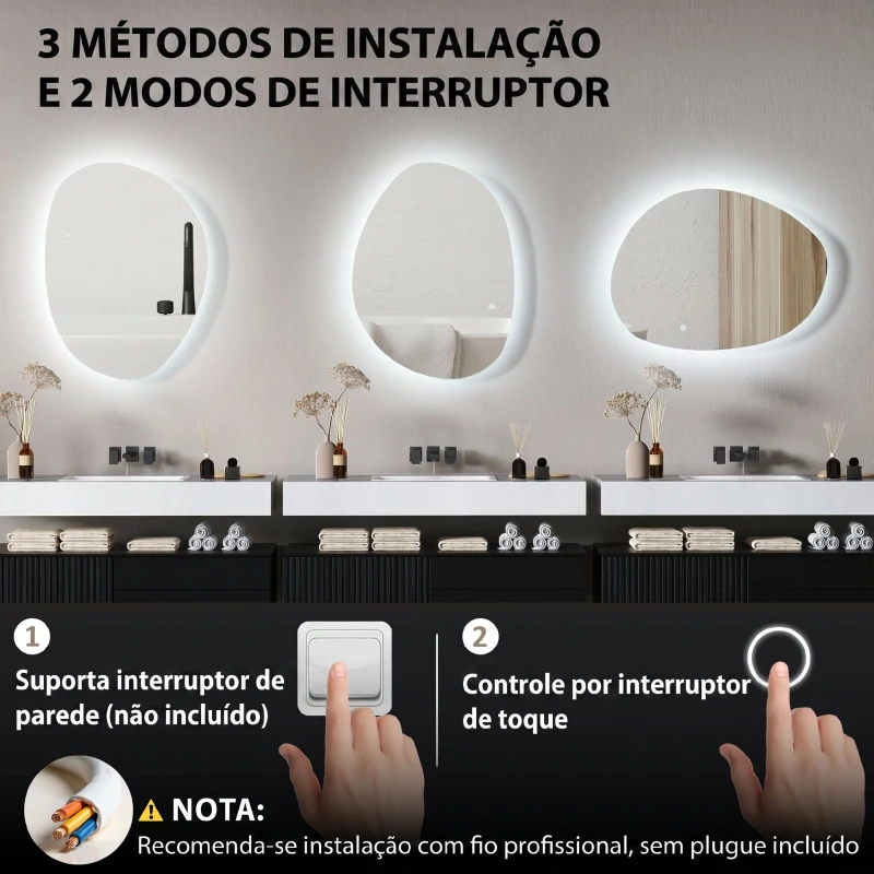 HOMCOM Espelho de Casa de Banho LED 3 Cores de Luz Brilho Regulável Função Anti Embaciamento Função Memória IP44 80x60 cm Prata