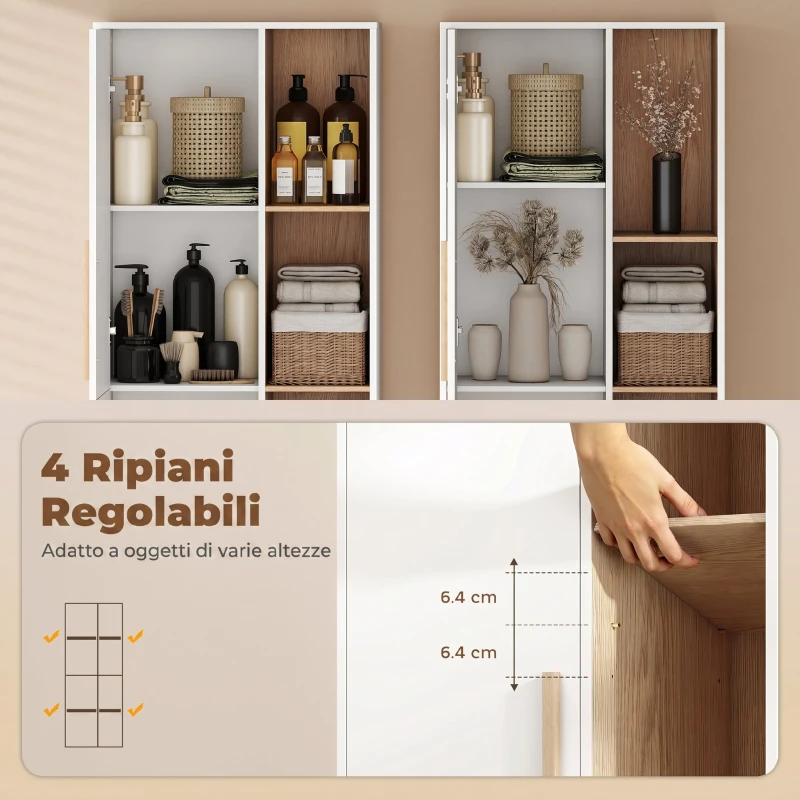 HOMCOM Mobile Bagno Alto, Mobiletto Bagno Salvaspazio con 2 Ante e 4 Ripiani Aperti, Ripiani Regolabili, per Lavanderia, 62.5x35x176 cm, Bianco