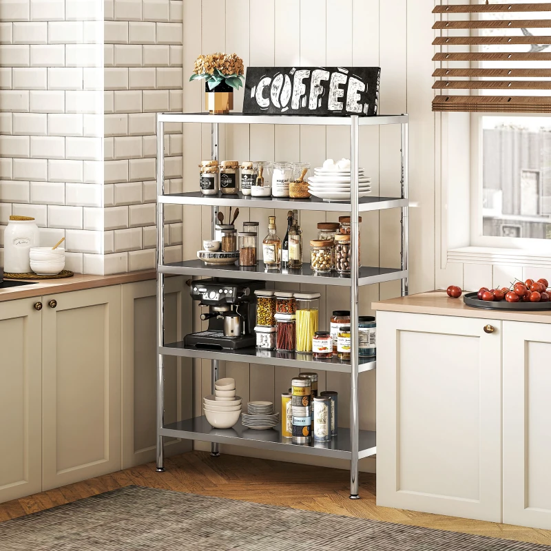 HOMCOM Scaffale da Cucina a 5 Livelli Regolabili su 13 Altezze Diverse, in Acciaio Inox, 91x40x139 cm, Argento
