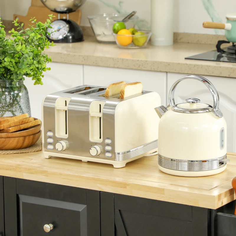 HOMCOM Ensemble bouilloire grille-pain, bouilloire en acier inoxydable 1,7 L et 2200 W et grille-pain à 4 tranches, crème