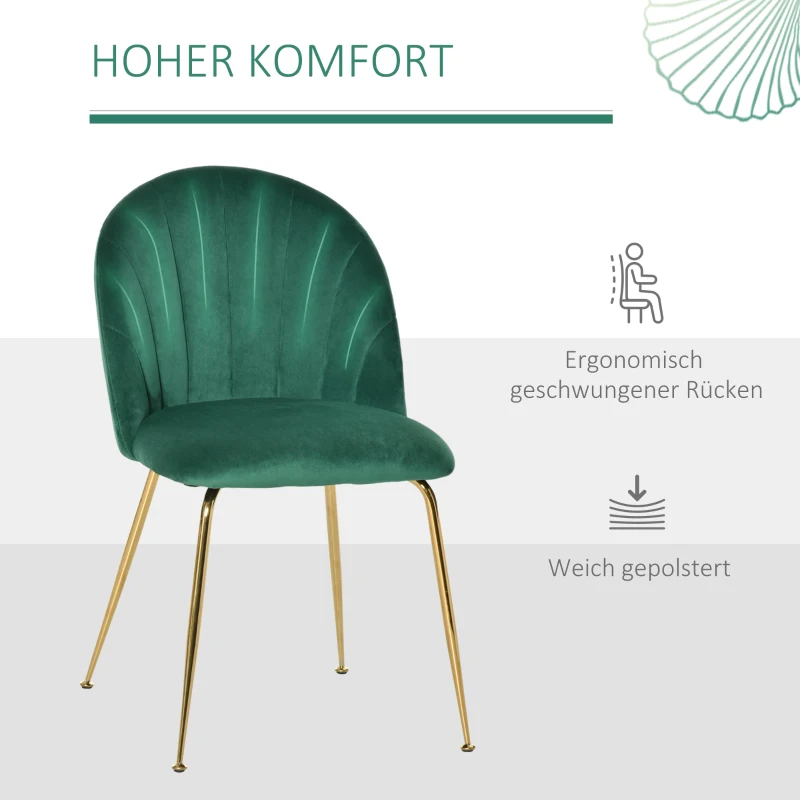 HOMCOM set van 2 keukenstoelen eetkamerstoelen met rugleuning polyester stof metalen poten groen + goud 52 x 52 x 81 cm