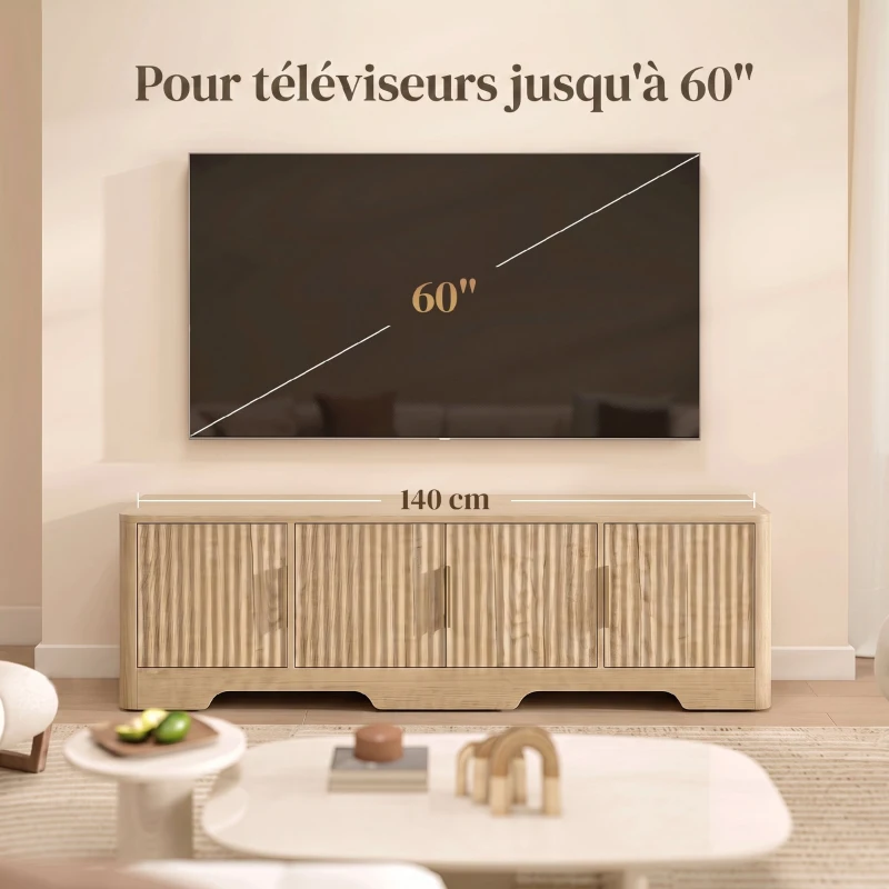 HOMCOM Meuble TV 140 cm, Meuble Télé pour Téléviseur jusqu'à 60 Pouces, 4 Portes Cannelées et Étagères Réglables, Chêne