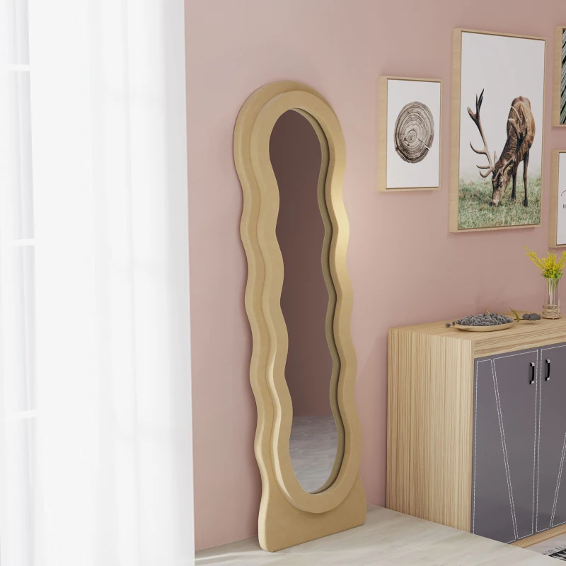 HOMCOM Espelho de Pé 50x160 cm Espelho de Corpo Inteiro ou de Parede com Desenho Assimétrico e Estrutura de Veludo Bege