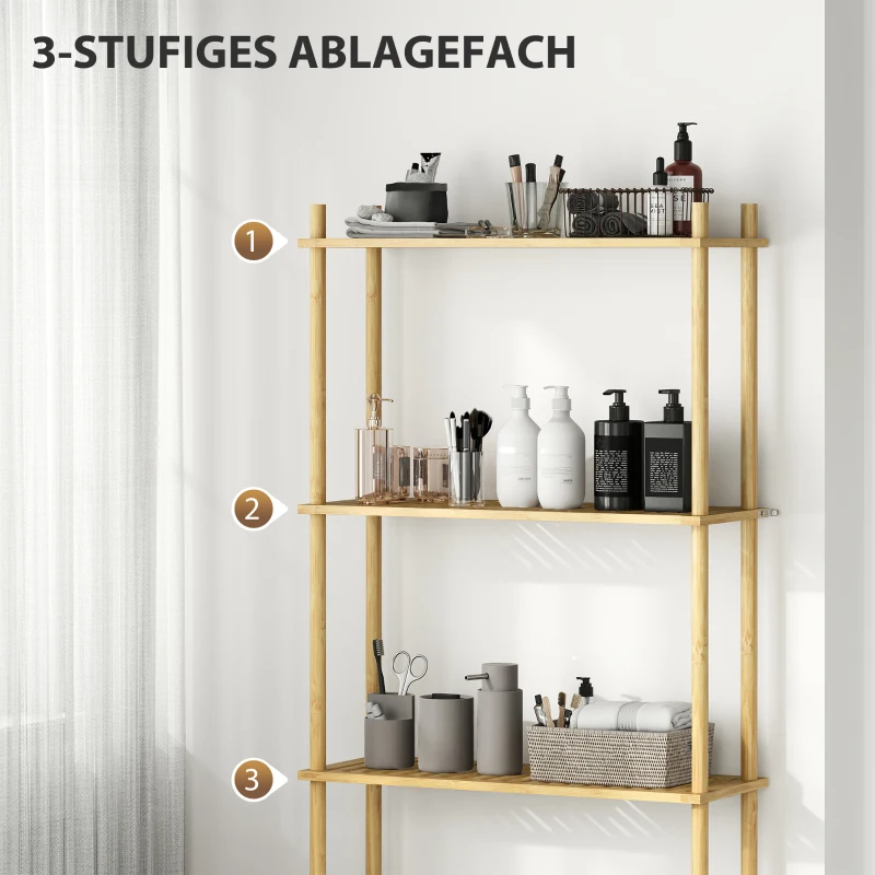 HOMCOM Ruimtebesparend Toiletregal 3 Niveaus, Natuurlijk Hout 69 x 25,5 x 181 cm