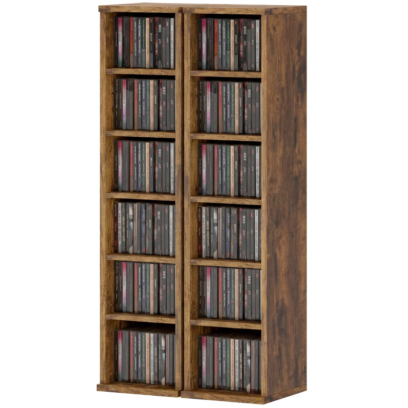 HOMCOM Set de 2 Estanterías para CDs y DVDs con 12 Compartimentos Estantes Ajustables 21x22,5x88,5 cm Marrón Rústico