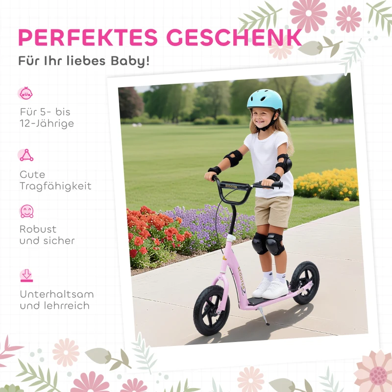 HOMCOM Step, Scooter voor Kinderen, met Handrem, Standaard, 12 Inch Wielen, vanaf 5 Jaar, Staal, Roze 120 x 52 x 88 cm(m-7)