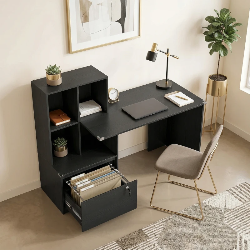 HOMCOM Bureau d'ordinateur avec bibliothèque 4 compartiments et tiroir verrouillable, 126 x 50 x 109 cm, noir