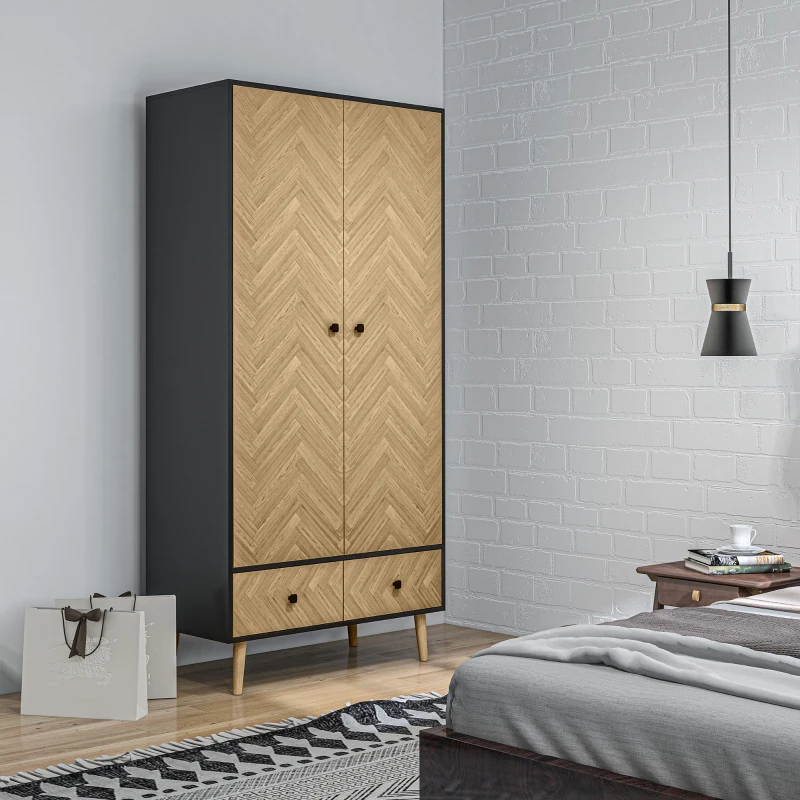 HOMCOM Modern Wardrobe Cabinet Wood-Effect Sticker Surface with 2 Hanging Rods, 2 Storage Shelves and 2 Drawers, 90 x 50 x 190 cm, Dark Grey