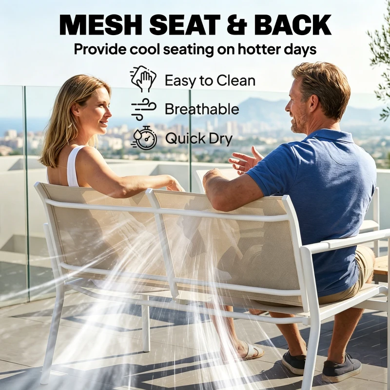 Outsunny Tuinmeubelset Zitgroep voor 4 Personen Ademend Tuinlounge met 2-zitsbank 2 Fauteuils Metalen Tafel Voetbeschermers