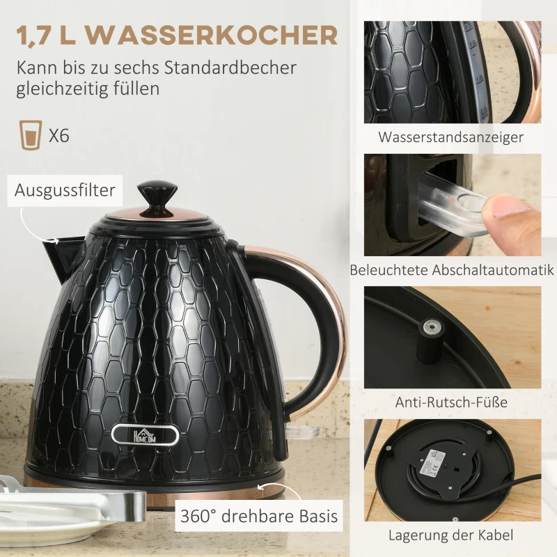 HOMCOM Waterkoker- en toaster-set, 1,7 L, verschillende modi, LED-indicatoren, Zwart