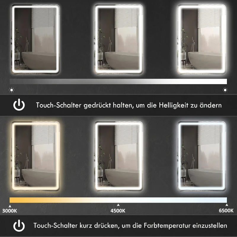 HOMCOM Verlichte badkamerspiegel met touchbediening, anti-condens, dimbaar, 3 lichtkleuren, 70 x 100 cm, zilver