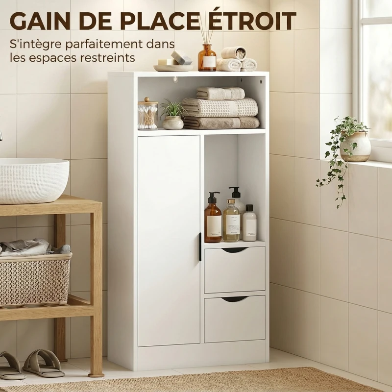 HOMCOM Meuble de salle de bain, meuble de rangement étroit avec 2 tiroirs, compartiments ouverts, 50x25x100cm, blanc