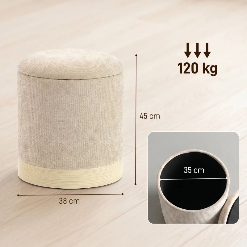 HOMCOM Pouf coffre rangement, tabouret rond en chenille, pouf repose-pieds avec base en métal effet bois, beige
