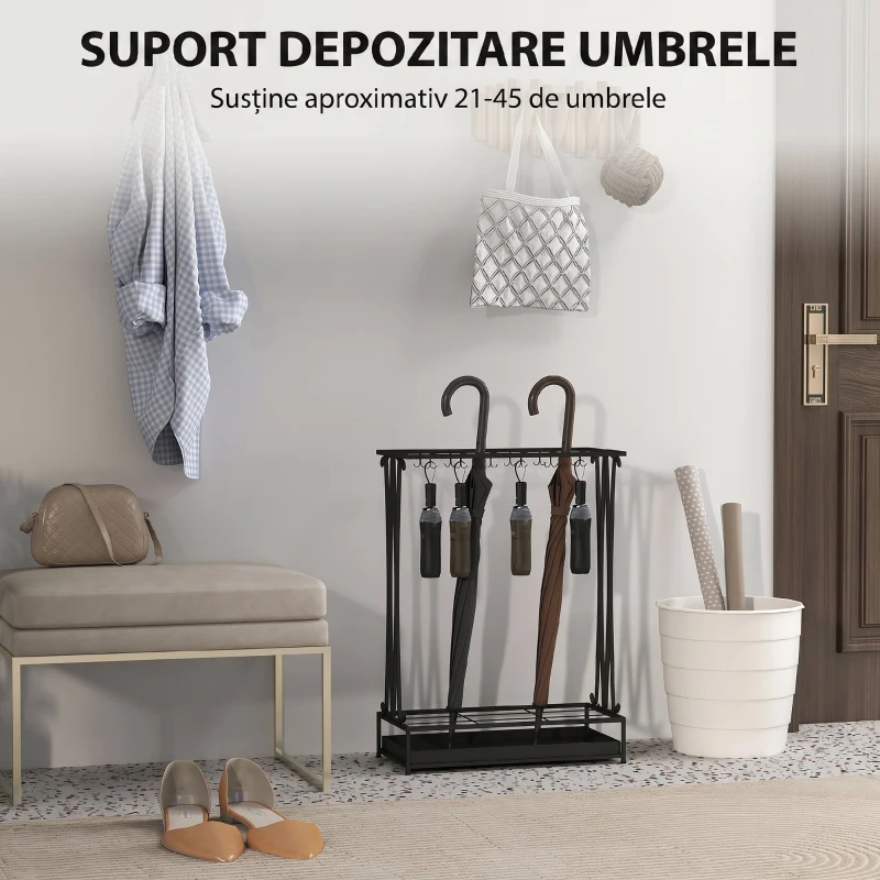 Suport de Umbrele HOMCOM cu Tavă pentru Apa, 21 de Orificii și 24 de Cârlige pentru Umbrelă, din Oțel, 50x24x68 cm, Negru
