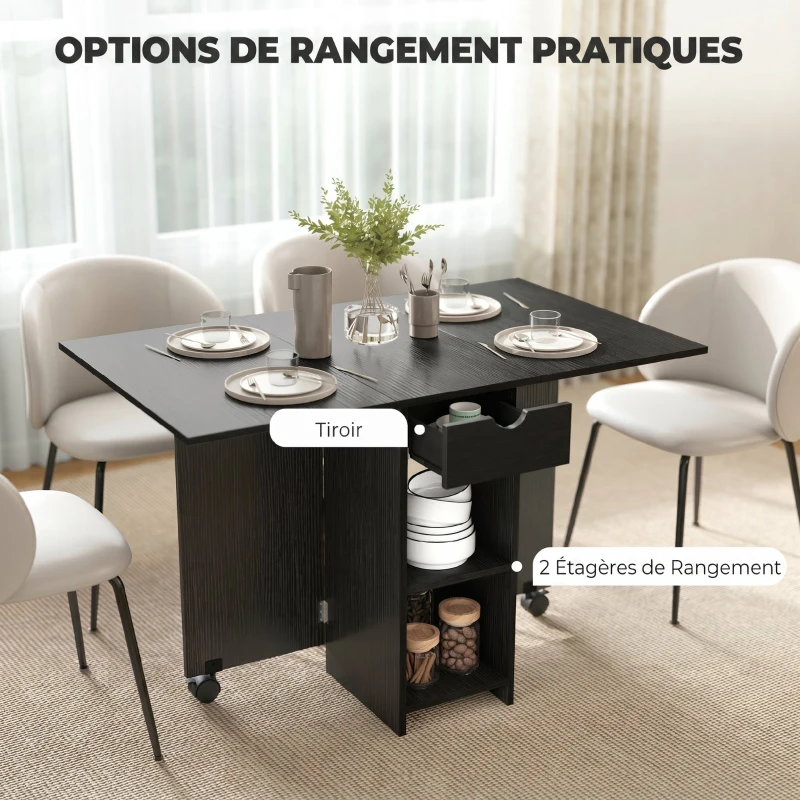 HOMCOM Table à Manger Pliante, Table de Cuisine Extensible pour 2 à 4 Personnes, 2 Abattants, 120 x 72 x 75 cm, Noir