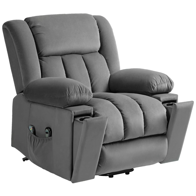 HOMCOM Elektrische Relaxfauteuil met opsta-hulp – Ligstoel met verwarmings- en massagefunctie, afstandsbediening, bekerhouder, zijvak, USB, pocketvering, fluweel, donkergrijs