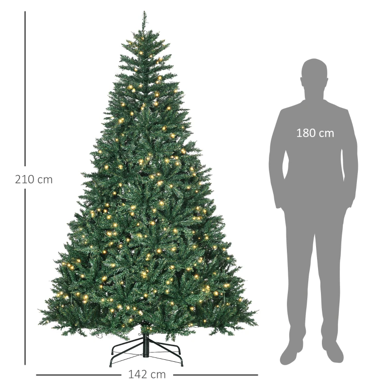 HOMCOM Kerstboom met 700 Warmwitte LED's, 2154 Takken, Vlamvertragend, Kunststof/Metaal, 210 x 142 cm, Groen