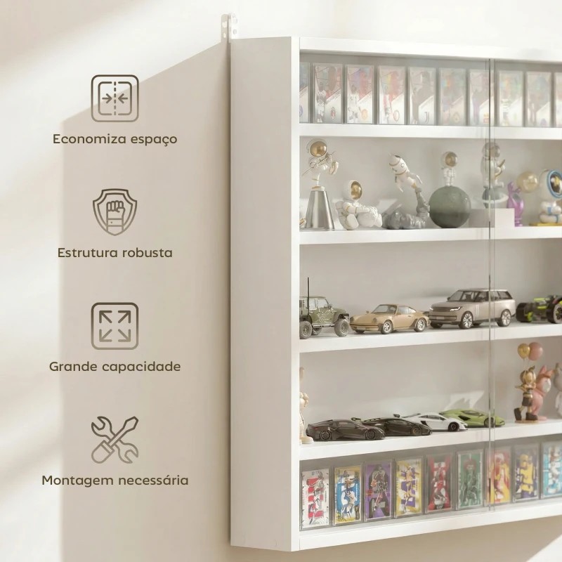 HOMCOM Vitrine de Parede com Prateleiras Ajustáveis e 2 Portas Corredeiras de Vidro para Coleções 80x9,5x60 cm Branco