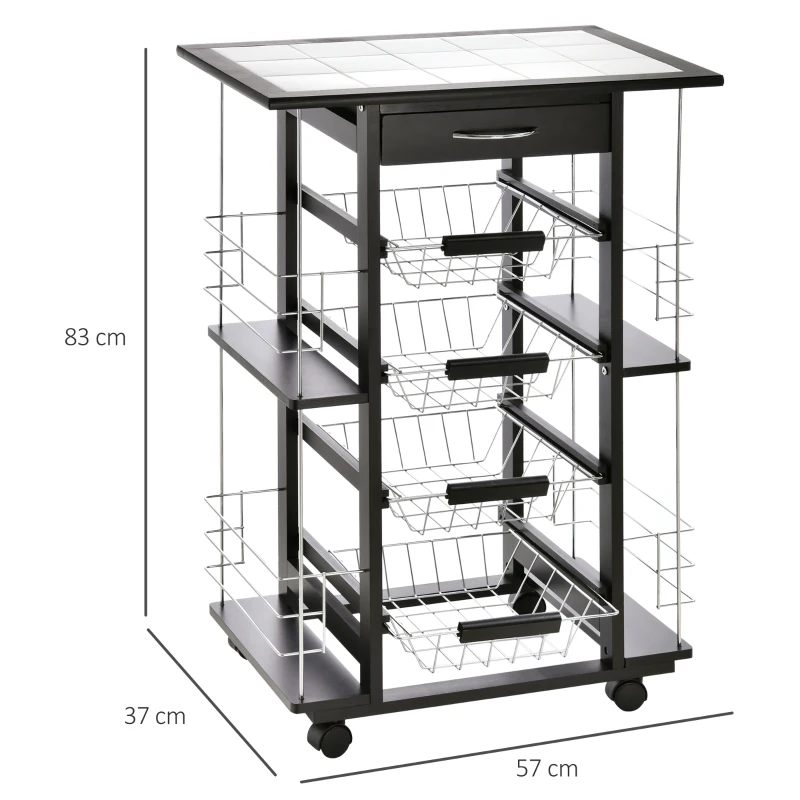 HOMCOM Chariot de service desserte de cuisine à roulettes multi-rangements 4 paniers métal tiroir + 4 range-bouteilles bois pin noir plateau carrelé blanc