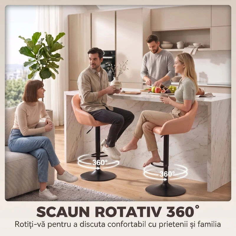 HOMCOM Set 2 Scaune de Bar din Piele Ecologică cu Spătar, Brațe și Înălțime Reglabilă, Maro