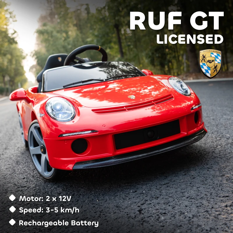 AIYAPLAY Kids Electric Car, 12V Licensed RUF GT Ride on Car with Suspension, Remote Control, Music, for 3-5 Years, Red