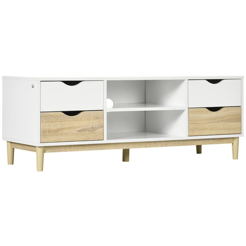 HOMCOM Mueble TV de Salón Mesa para Televisores de hasta 55" con Estantes y 4 Cajones 120x40x44,5 cm Blanco y Roble