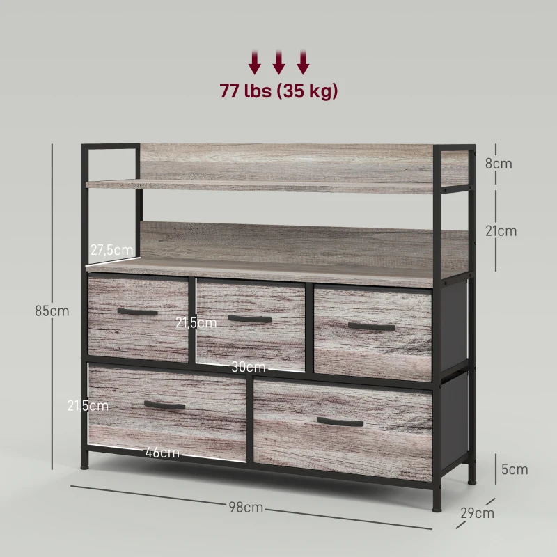 HOMCOM Stoffen Ladekast, 5 Opvouwbare Laden, 2 Schappen, Stalen Frame, 98 x 29 x 85 cm, Grijs
