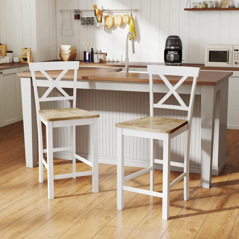 HOMCOM 2-delige Set Barstoelen met Rugleuning en Voetsteun, Rubberwood, voor Keuken, Eetkamer, Bar, Eiken + Wit(m-6)