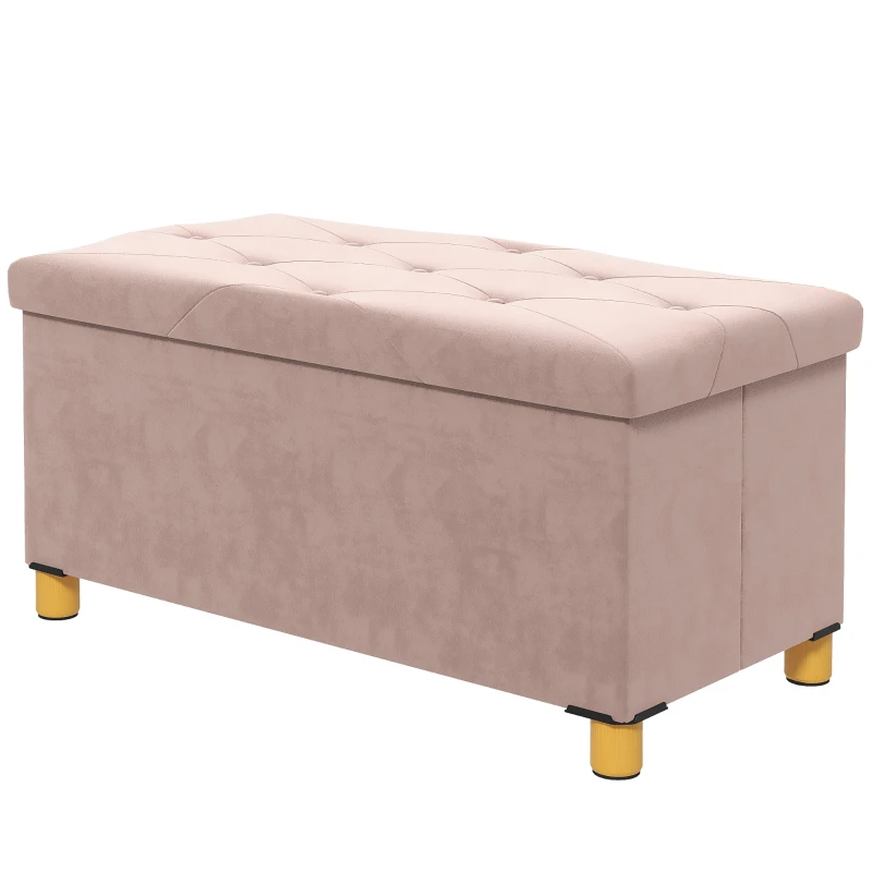 HOMCOM Banco de Armazenamento Dobrável Capacidade de 67 L  Estofado em Veludo Carga 120 kg 76x38x38 cm Rosa Claro