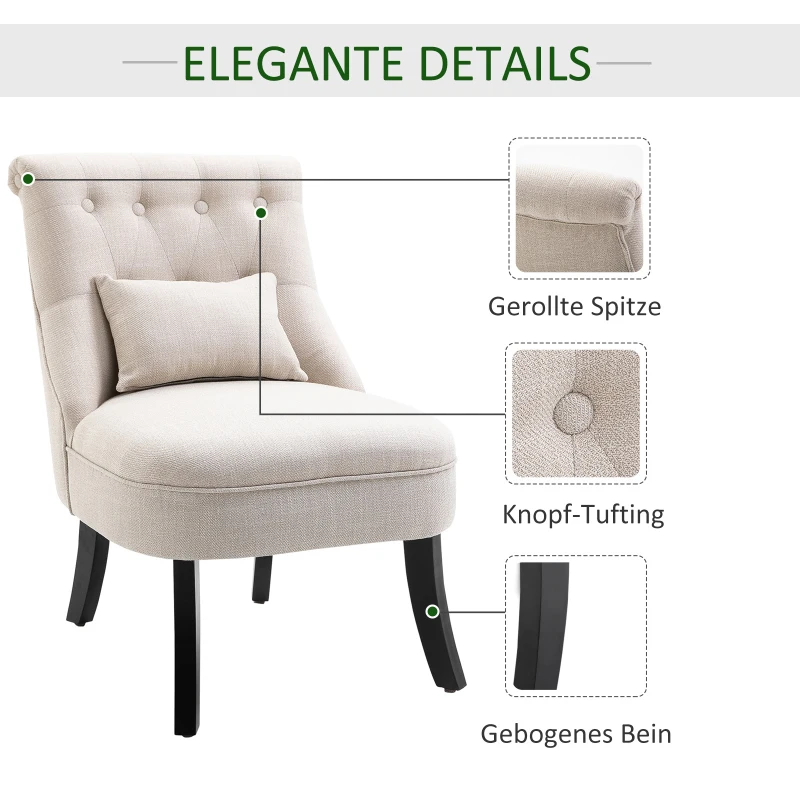 HOMCOM Zachte Gestoffeerde Fauteuil met Rugkussen, voor Lezen en Ontspannen, Stofbekleding in Linnenlook, 52,5 x 69 x 77 cm, Crème Wit
