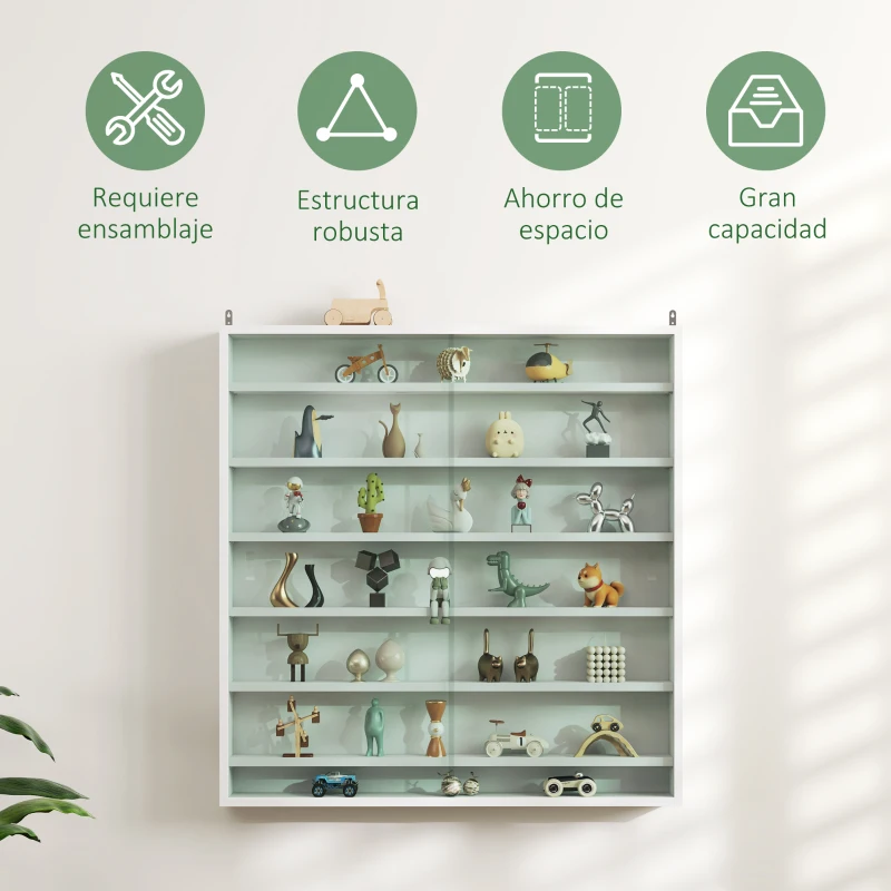 HOMCOM Vitrina de Pared de Madera con Estantes Ajustables y 2 Puertas Correderas de Cristal 80x9,5x83 cm Blanco