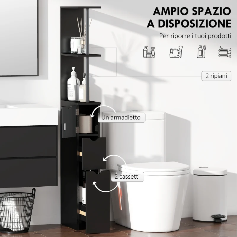 HOMCOM Mobile Colonna Salvaspazio in Legno con Ripiani, Armadietto e Cassetti, Nero, 15x33x136.8cm
