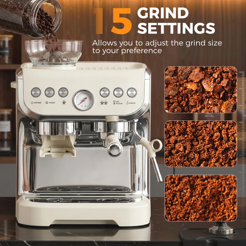 HOMCOM 15 Bar Coffee Machine, with Adjustable Grind, Steamer and Accessories - Cream White