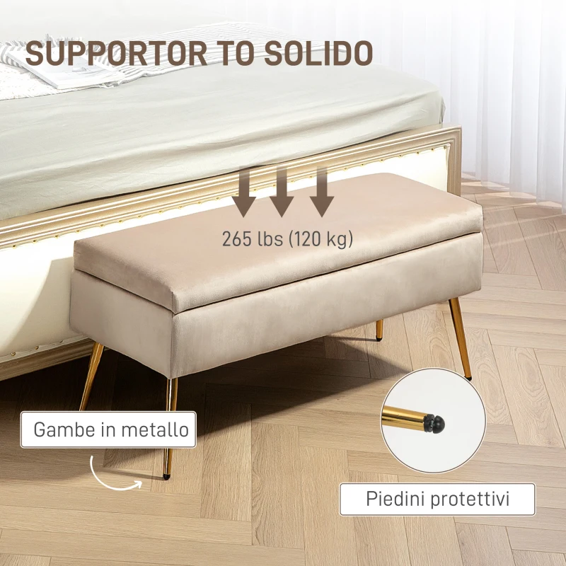 HOMCOM Panca Fondoletto Imbottita da 30.5L con Gambe Affusolate, in Tessuto Effetto Velluto, 102x35x43 cm, Beige