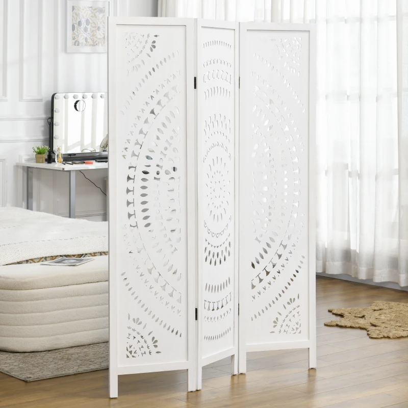 HOMCOM Biombo Dobrável de 3 Painéis de Madeira 120x170 cm Biombo Separador de Ambientes com Padrões Gravados Elegantes Branco