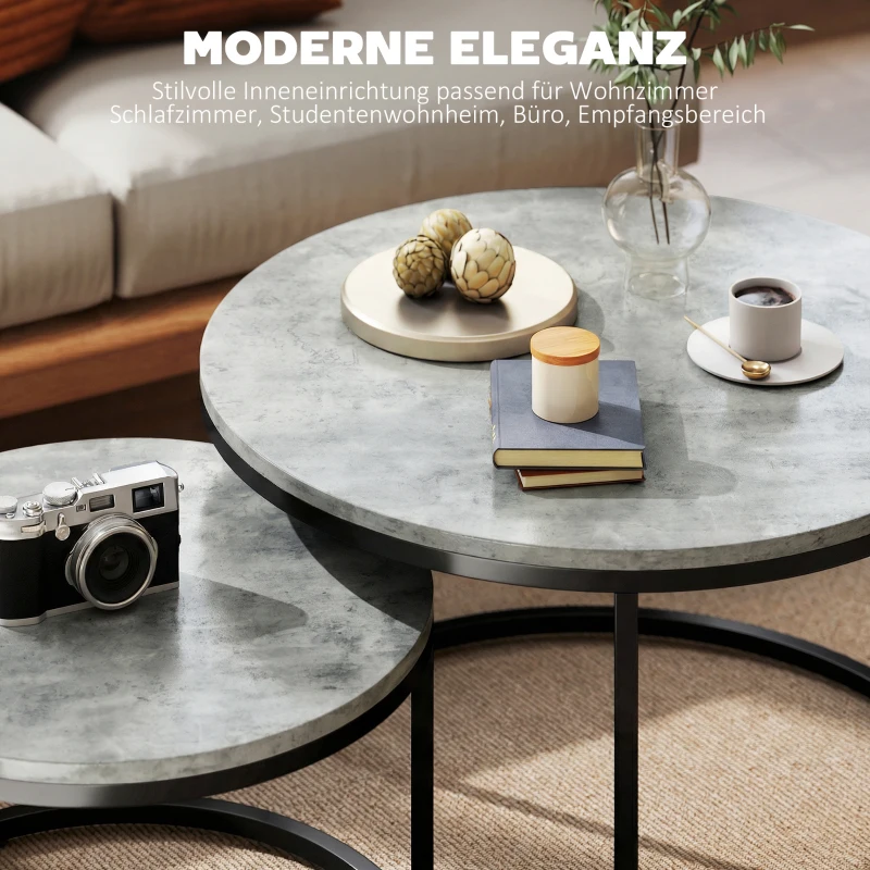 HOMCOM Moderne koffietafel 2-delige set, stapelbare bijzettafels met metalen frame voor woonkamer, slaapkamer, kantoor, Grijs