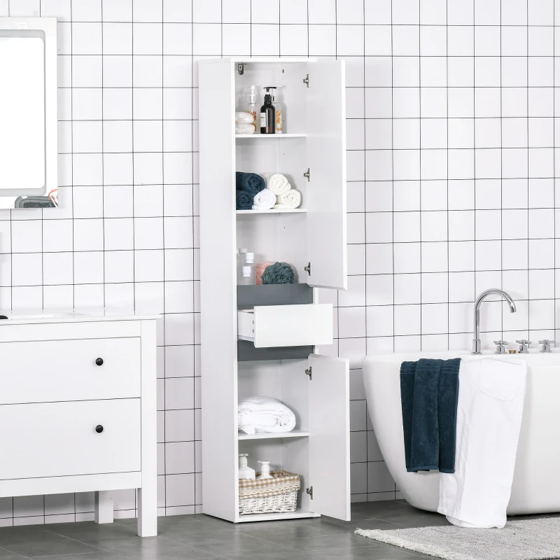 HOMCOM Meuble Colonne Rangement Salle de Bain Style Contemporain 2 placards 3 étagères et tiroir Coulissant Panneaux Particules Blanc