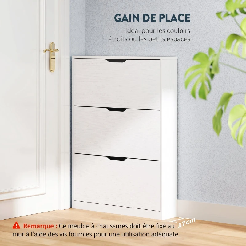 HOMCOM Meuble à chaussures 12 paires, armoire à chaussures, 3 tiroirs rabattables, pour couloir, entrée, 80x17x108cm, blanc