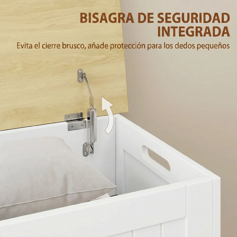 HOMCOM Baúl de Almacenaje 90 L con Tapa Baúl de Almacenaje Versátil con Bisagra de Seguridad 80,5x40x46,4 cm Natural y Blanco