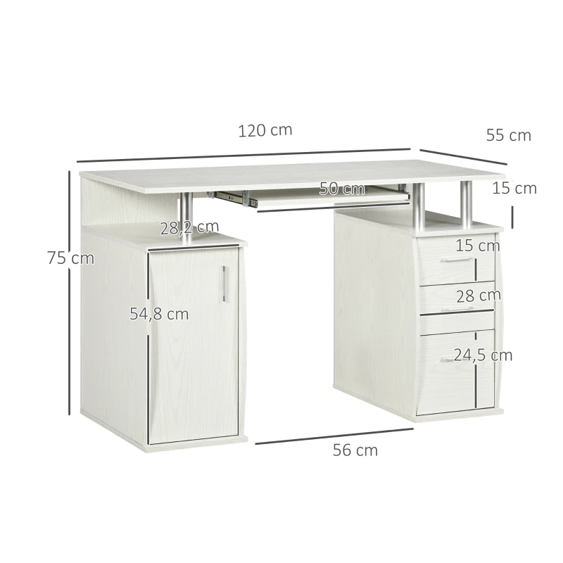 HOMCOM Bureau d'ordinateur, bureau informatique 120 x 55 cm avec plateau pour clavier, 3 tiroirs, pour chambre, domicile, blanc