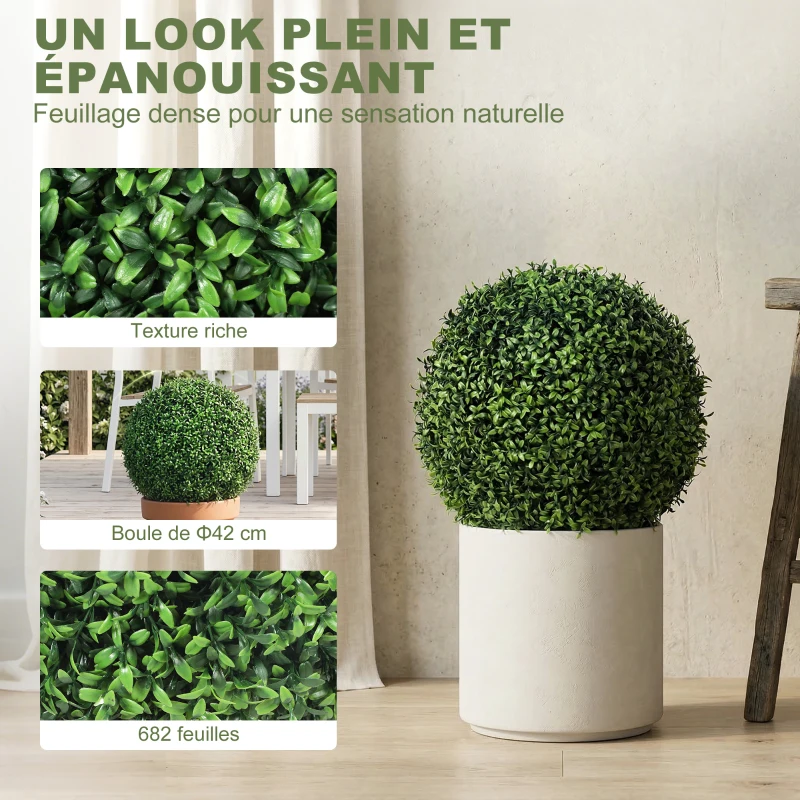 HOMCOM Lot de 2 boules de buis artificielles en pot, résistantes aux UV, 42 cm, pour décoration intérieure/extérieure