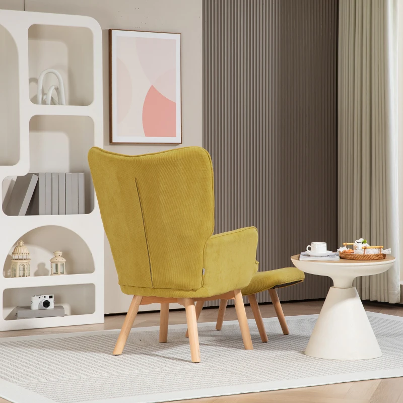 HOMCOM Accentstoel met Voetenbank, Relaxstoel in Corduroy Look, Armleunstoel met Houten Poten, voor Woonkamer, Oranje