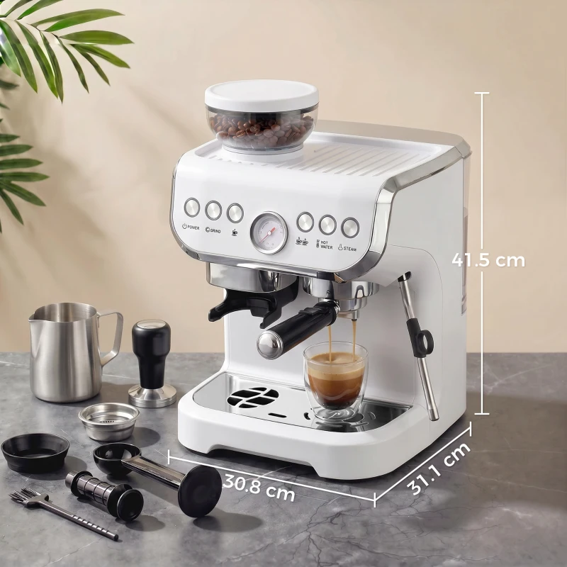 HOMCOM 15 Bar Coffee Machine, with Adjustable Grind, Steamer and Accessories - White