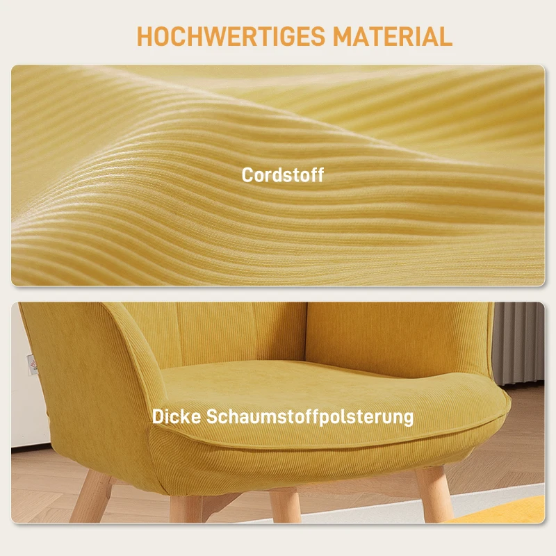 HOMCOM Accentstoel met Voetenbank, Relaxstoel in Corduroy Look, Armleunstoel met Houten Poten, voor Woonkamer, Oranje
