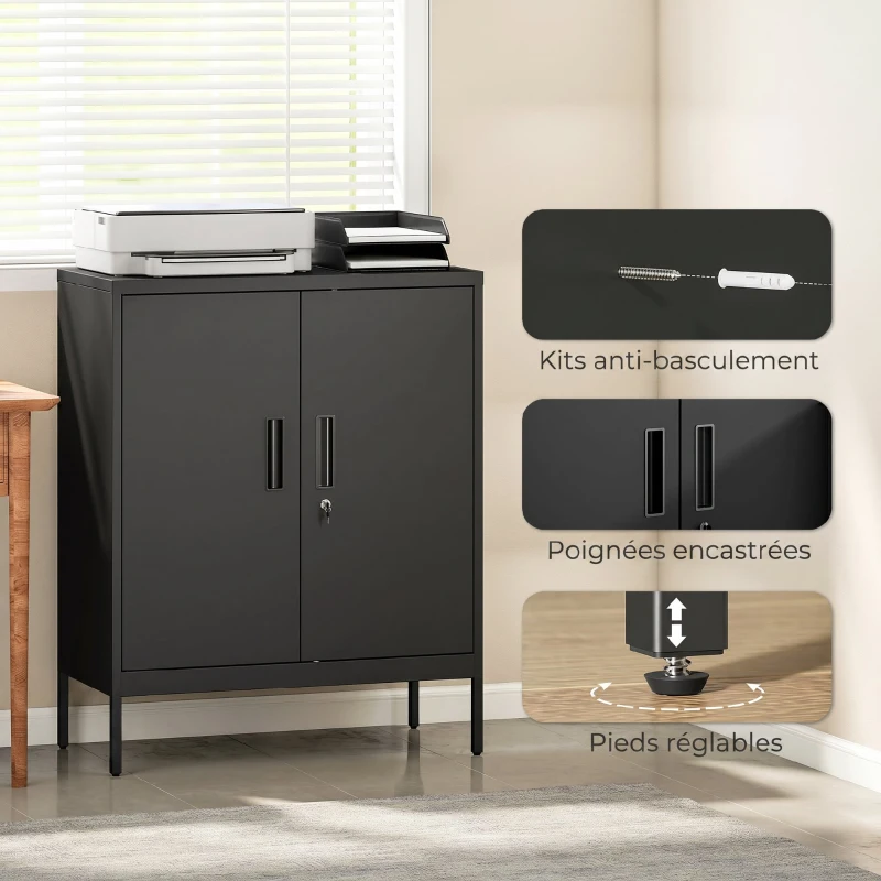HOMCOM Armoire de Bureau Métallique, 80 x 40 x 100 cm, Meuble de Rangement, Serrure, 2 Portes et 2 Étagères Réglables, Noir