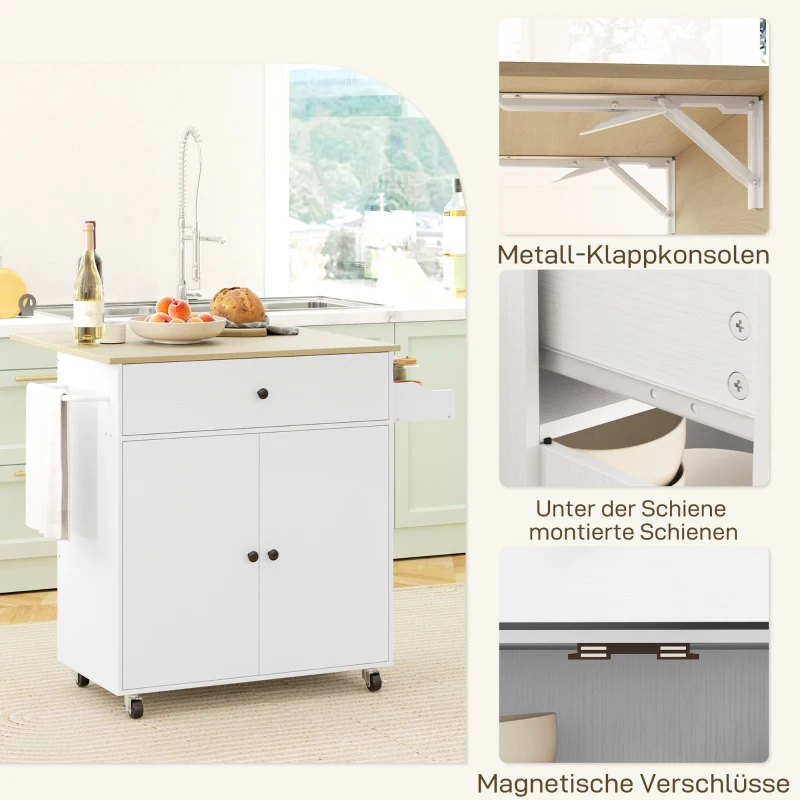 HOMCOM Keukenwagen met lade, kastvak, handdoekhouder, 106 x 42 x 87 cm, Wit/Eiken