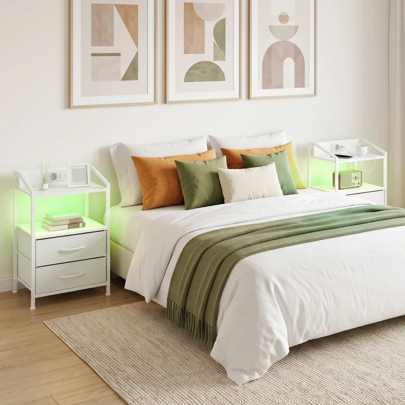 HOMCOM Set de 2 Noptiere Con Lumini Led E Stație de Încărcare, Alb