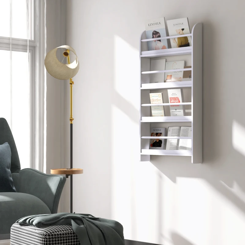 HOMCOM Libreria da Parete con 4 Ripiani in Legno Bianco Impermeabile, Carico Massimo 30kg (59cm x 12cm x 113cm)